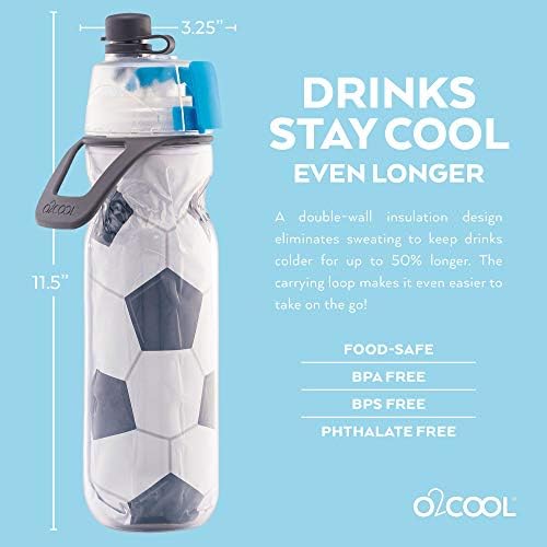 O2COOL Mist 'N Sip Misting Water Bottle 2-in-1 Mist And Sip Function With No Leak Pull Top Spout (Soccerball)