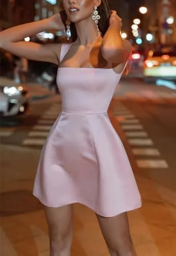 Image of Spaghetti Straps Short Homecoming Dresses Sqaure Neck Satin Mini Cocktail Dress Wedding Party Gowns