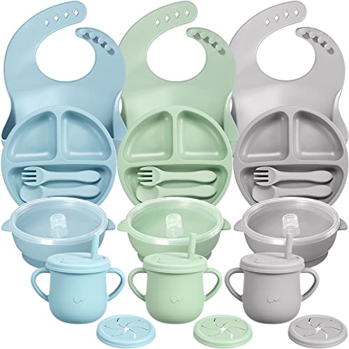 Image of 3 Sets Baby Led Weaning Supplies, Silicone Baby Feeding Set with Divided Plate Adjustable Bib Suction Bowl with Lid Snack Cup Soft Spoon Fork, Self Eating Utensil (Light Blue, Light Green, Light Gray)