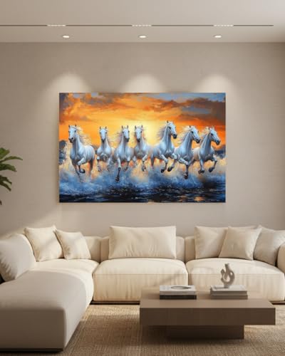 Image of VASTU-MANDALA Seven Running Horses Wrapped Canvas Wall Art for Home & Office | Vastu Running Horse Painting for Energy, Success & Prosperity | Ready to Hang Wall Decor, 21.5 x 32 Inches