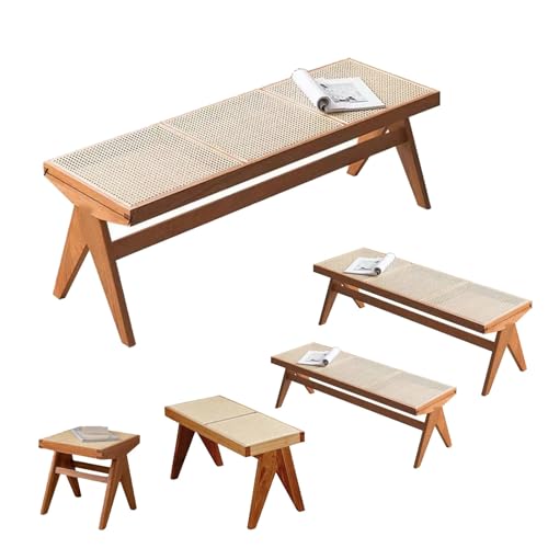 Handcrafted Entryway Bench Seat, 40/86/128/138 Cm Farmhouse Rattan End of Bed Bench for Bedroom, Solid Wood Dining Benches for Table, Wooden Stool for Living Dining Room(Cherry,86 cm/33.86 in)