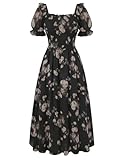 Scarlet Darkness Floral Dress for Women Summer Puff Sleeve Square Neck A Line Flowy Wedding Guest Tea Party Dresses Midnight Rose XL