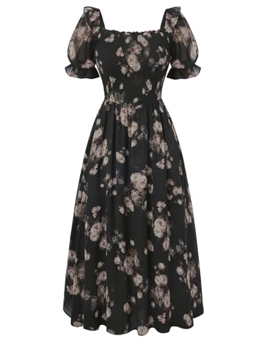 Image of Scarlet Darkness Floral Dress for Women Summer Puff Sleeve Square Neck A Line Flowy Wedding Guest Tea Party Dresses