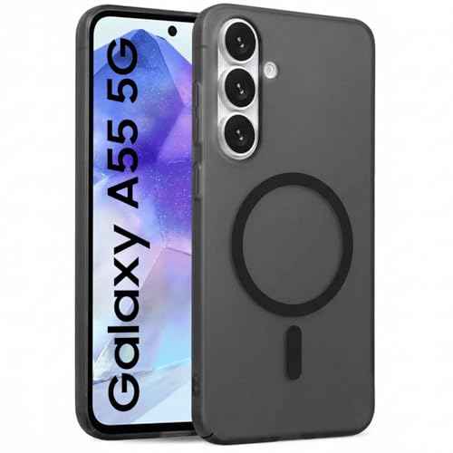 Image of DIZORO Matte Case for Samsung Galaxy A55 Compatible with MagSafe, Camera Lens Full Protection, Shockproof Translucent Frosted TPU Soft Phone Cover, Anti-Fingerprint (Black)