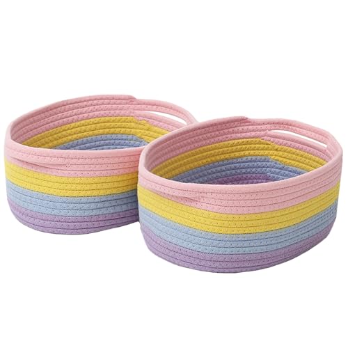 Image of JMvicyroam Small Woven Basket, Empty Gift Basket, Rainbow /2 Pack | Small Gift Basket, Cotton Rope, 12 x 8 x 52 in, Handles, Includes Ribbon and Bag, Birthday Gift Basket