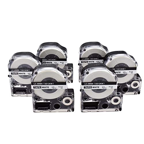 6er Schriftband Kompatible für EPSON LC-4WBN9 Schwarz auf Weiß 12mm x 8m Kunststoff Etiketten als Ersatz Band für LabelWorks LW-300 LW-300L LW-400 LW-400VP LW-500 (6 Packung)