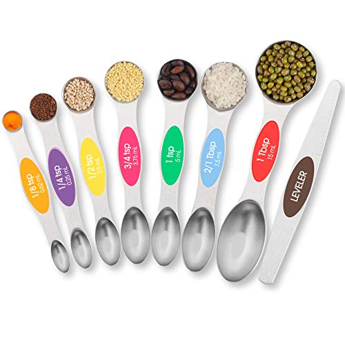 TEMEISI Magnetic Measuring Spoons Set Dual Sided Stainless Steel Measuring Spoons Fits in Spice Jars Stackable Teaspoon for Measuring Dry and Liquid Ingredients - Set of 8