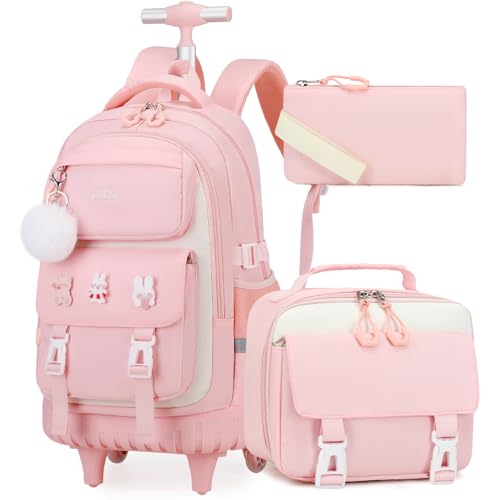 Rolling Backpack for Girls, Roller School Bag with Wheels, Wheeled Backpacks with Lunch Bag Pencil case for Elementary School Bookbags with Cute Pins Pink