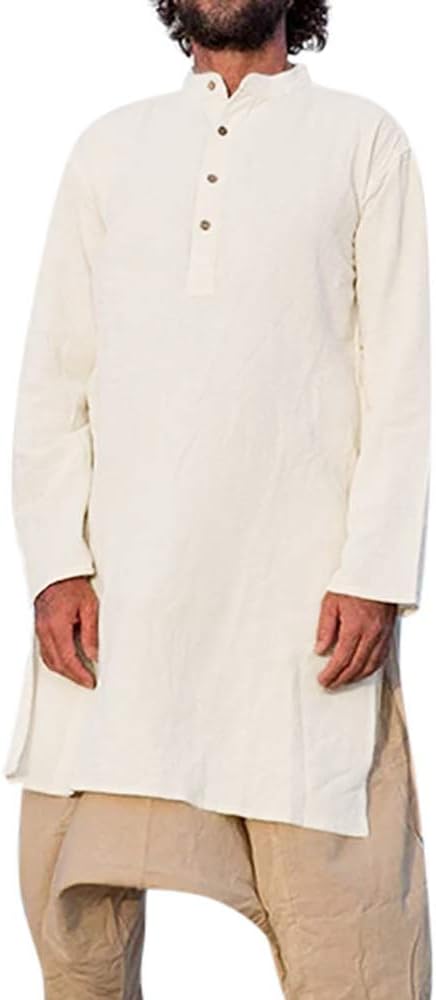 PASLTER Mens Linen Shirts Abaya Muslim Kaftan Vintage Loose Fit Splits Long Dress Long Sleeve Tops Henley Shirts White