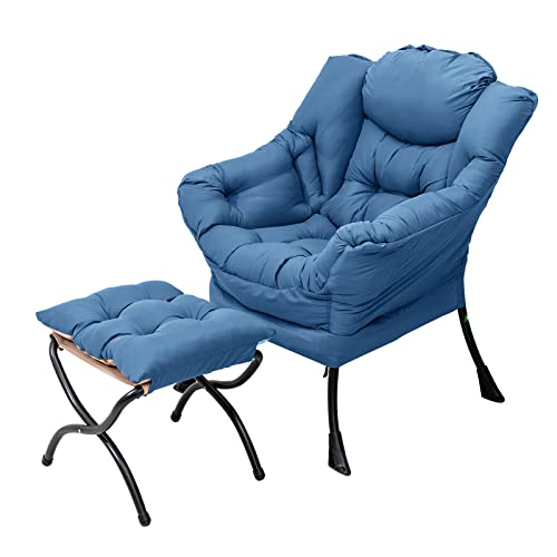Welnow Lazy Chair with Ottoman, Modern Lounge Accent Chair with Armrests and a Side Pocket, Leisure Sofa Chair Set, Reading Chair with Footrest for Small Space, Corner Chair, Royal Blue