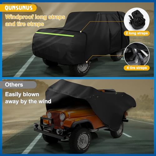 Image of QUNSUNUS Waterproof Car Cover for Jeep CJ5 1955-1983, Outdoor Cj5 Cover with Cotton Lining, All Weather Cover with Straps and Zipper for Wind, Sun, UV and Dust Protection