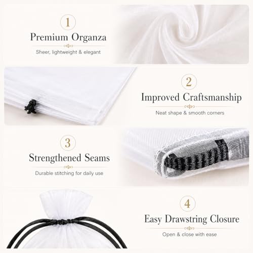 Image of 50PCS White Organza Bags with Black Drawstring 6x9 Inches, Sheer Drawstring Gift Bags Mesh Jewelry Pouches for Wedding Party Favors Candy Jewelry Christmas Goodie Bags, Fruit Protection Netting