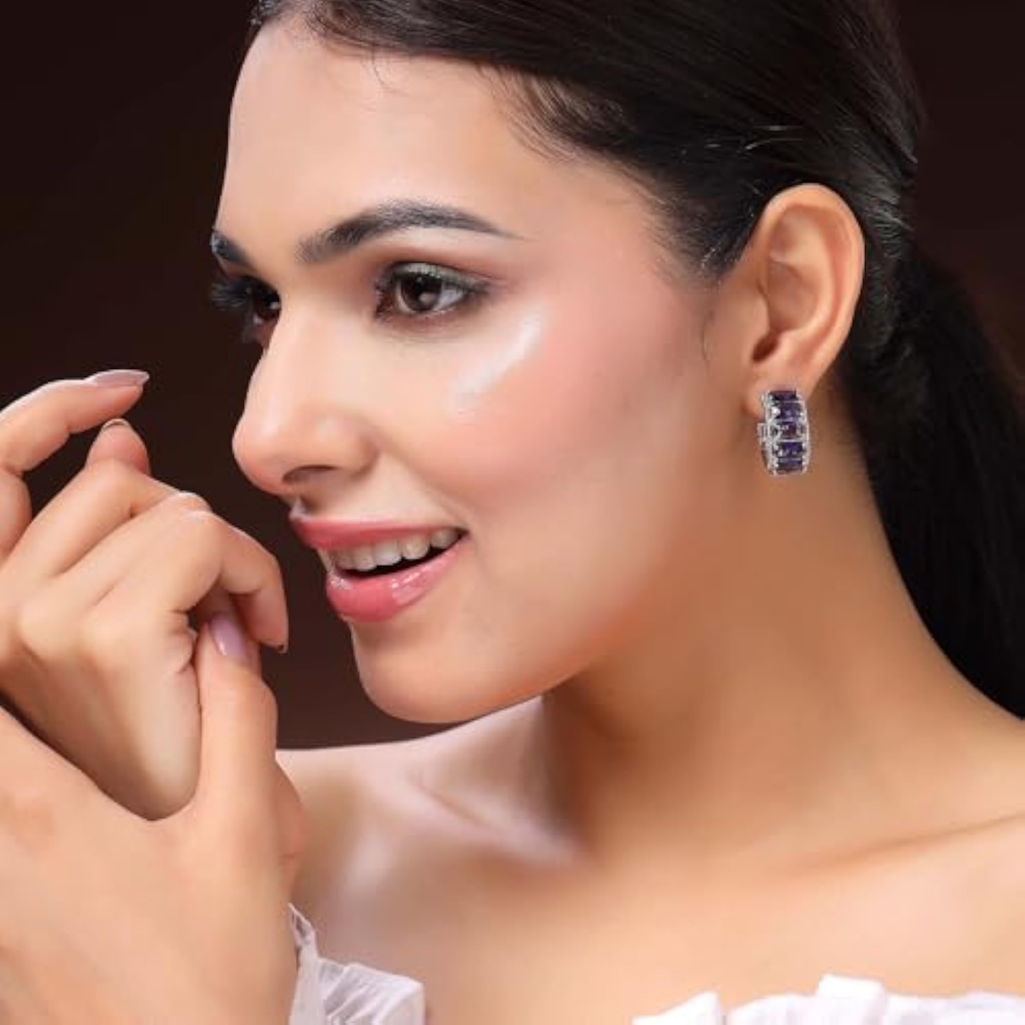 Women's Rhodium-Plated Rectangular Crystal Statement Hoop Earrings