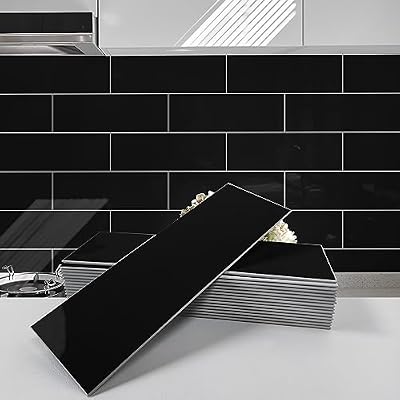 Avant Decor | 24 Tiles | Stone Composite Subway Solid Color Tiles | Peel and Stick Kitchen Backsplash Tiles | Wall Tiles | 4” x 12” | Bex Metro Glossy Onyx | 8 sqft