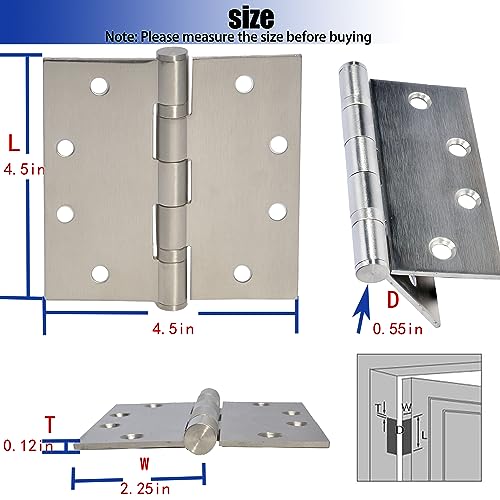 6-Pack 4.5 inch X 4.5 inch Heavy Duty Commercial Door Hinge Thickened, with Silent Steel Plain Ball Bearing, Thickness 3 mm Stainless Steel Door Hinges, Square Corners with 48 Screws, Silver - Thumbnail 2