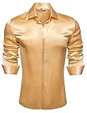 Barry.Wang Men's Satin Dress Shirt Luxury Silk Long Sleeve Champagne Gold Casual Button Shirts Fitted Tuxedo Wedding/Party/Casual/Prom
