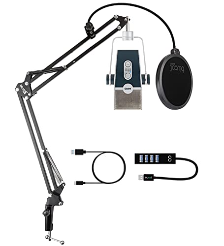 AKG Pro Audio Lyra Ultra-HD, Four Capsule, Multi-Capture Mode, USB-C Condenser Microphone for Recording and Streaming Bundle with Blucoil Boom Arm Plus Pop Filter, and USB-A Mini Hub