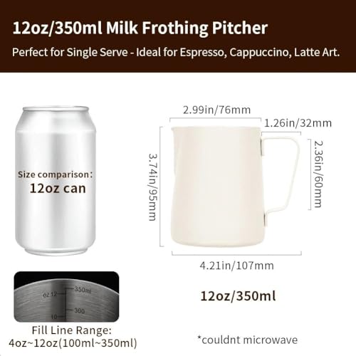 Image of watchget 12oz Milk Frothing Pitcher Stainless Steel Espresso Steaming Jug | Internal Scale, Milk Coffee Cappuccino Latte Art Barista Steam Pitchers,Barista Coffee Bar Accessories, 350ml, Creamy White