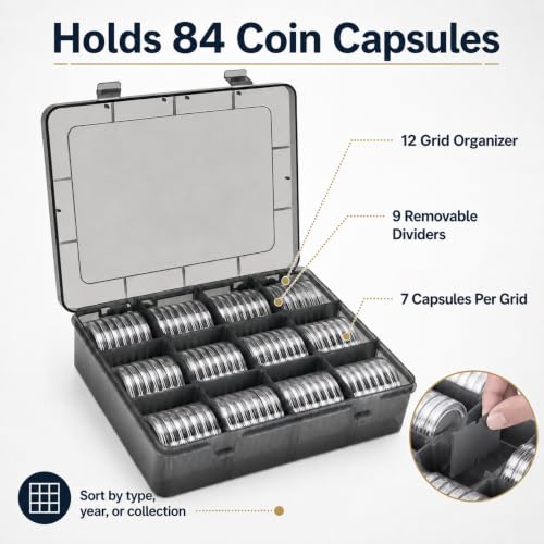 Image of 84 Pieces 46 mm Coin Capsules, with Foam Gasket and Plastic Storage Box