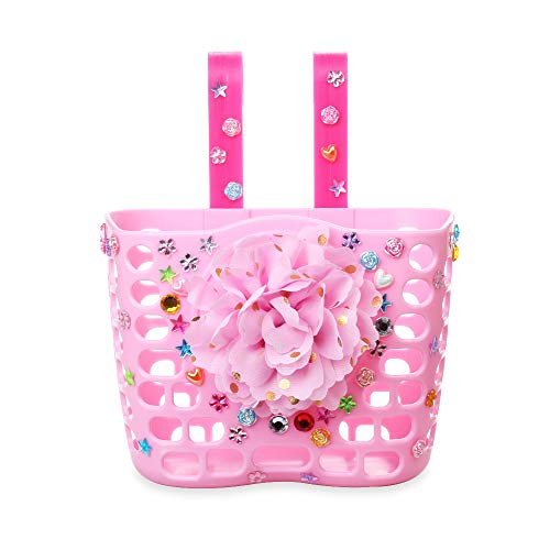 Mini-Factory Kid's Bike Basket, Cute Flower + Bling Diy Crystal Stickers Bicycle Front Handlebar Basket For Kid Girls (Pink Flower) #TOP17