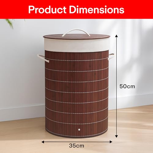 Image of Rioware Bamboo laundry bag basket for clothes with lid toy storage organiser box foldable Round Home Organizer and Storage | Eco Friendly | Compact and Easy to carry Dark Brown Econest