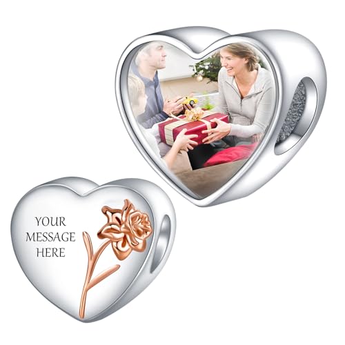 NINGAN Personalized Photo Charms Sterling Silver Birth Flower March Daffodil Beads Customize Picture Love Heart for Women Bracelets and Necklaces Gifts for Girls