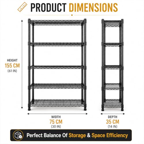STORACK 5 Shelf Multipurpose Storage Rack 75x35x155 CM Black - Image 3