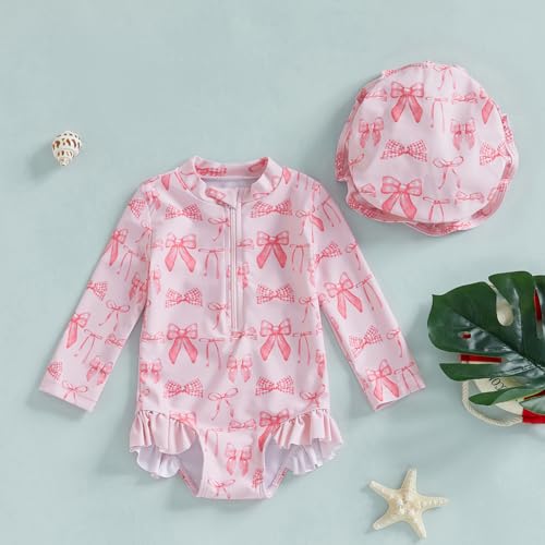 Baby Girl Swimsuit Baby Girls Long Sleeve One Piece Swimsuit Romper with Hat Bathing Suit Beach Rash Guard