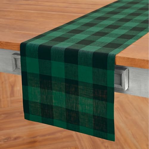 Solino Home Linen Checkered Table Runner 144 Inches Long - 100% Pure Linen Buffalo Check Green and Black Table Runner 14 x 144 Inch Ideal for Dining by Solino Home - Image 2