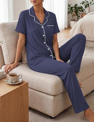 Image of ZMJ Womens Pajamas Sets 2 Piece Button Up Pj Sets Short Sleeve with Long Pant