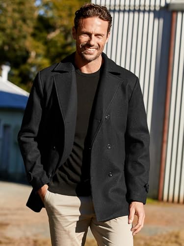 Bbalizko Mens Classic Pea Coat Notched Collar Double Breasted Slim Fit Winter Warm Heavyweight Trench Coats2