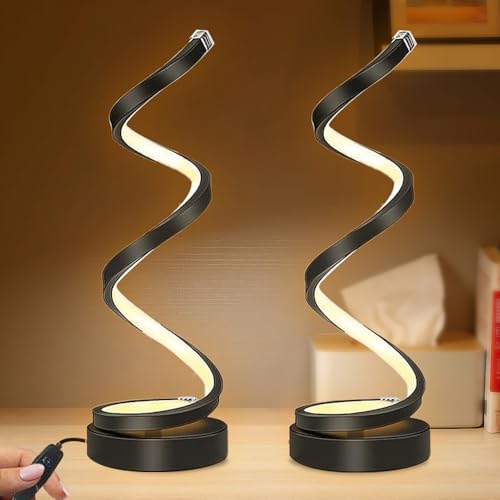 Image of SKIKHN Spiral LED Table Lamp, 3 Color Dimmable Bedside Lamp, Twisted Decorative Black Bedside Night Light, USB Powered Desk Light, for Bedroom, Living Room, Office, Lighting and Decoration (2Pcs)