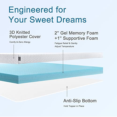 3 Inch Queen Mattress Topper Gel Memory Foam Topper, High Density Foam Mattress Pad for Pressure Relief, Bed Topper with Breathable Soft Cover