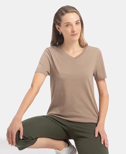 Image of Jockey AW89 Women Super Combed Cotton Rich Fabric Relaxed Fit V-Neck Half Sleeve T-Shirt