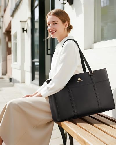 Image of LOVEVOOK Lunch Bag for Women, Leather Work Laptop Tote Bag with Insulated Lunch Compartment&Cup Holder, 15.6 Inch 2 in 1 Lunch Tote for Business, Teacher, Nurse, Office, College, Casual