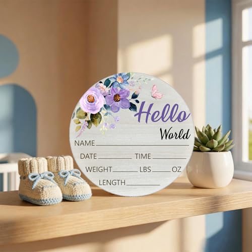 Image of Purple Rose Baby Announcement Sign, Wooden Nursery Name Plaque 6in | Purple Rose Themed Wooden Name Sign for Newborn Announcement, Nursery Decor, Baby Shower Gifts, Records Name, Date & Weight