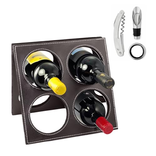Mediawave Store - Porta botellas de vino de piel sintética para 4 plazas con accesorios para abrir botellas