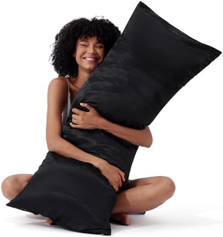 Bedsure Satin Body Pillow Pillowcase for Hair and Skin - Black Zipper Long Pillow Case, Similar to Silk Pillow Cases, Silky & Super Soft Body Pillow Case Cover, Gifts for Women or Men, 20x54 Inches