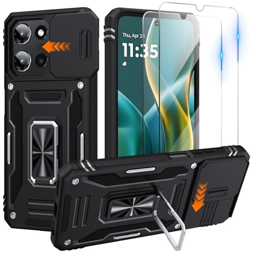 for Moto G 2025 Case with 2 PCS HD Screen Protector, Slide Camera Cover Military Grade Drop Protection 360° Ring Holder Kickstand, Heavy Duty Shockproof Full Body for Motorola Moto G 2025 Case, Black