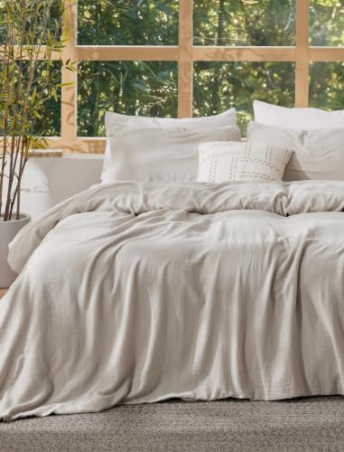 Image of Bedsure Muslin Duvet Cover Queen Size - Cotton Blend Viscose Derived from Bamboo, Cooling Duvet Cover for Hot Sleepers, PureWoven Ultra-Soft & Breathable Bedding Set for All Seasons (Linen, 90 inchx90 inch)