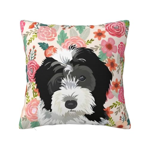 Cute Bernedoodle Dog Pet Lovers Print Pillow Covers For Bedroom Bed And Sofa Decorative Floral Flowers Square Pillow Cases Throw Ultra Soft Comfy Funny Pillow Cushion 16"X16" Dogs Puppy Birthday Gifts