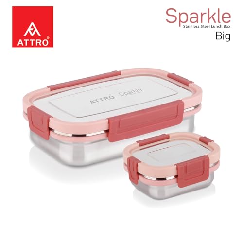 Image of ATTRO Sparkle Big Stainless Steel Lunch Box 2-Piece Set - 900ml + 200ml - Leak-Proof, BPA-Free, Compact & Durable - Ideal for Kids, Office, Travel - Peach