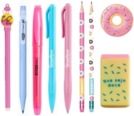 Kit Papelaria Fofa Donuts Kawaii Lapis Borracha Apontador Caneta ...