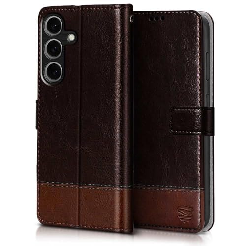 Image of FLIPPED Vegan Leather Flip Case Back Cover for Samsung Galaxy S25 5G (Flexible, Shock Proof | Hand Stitched Leather Finish | Card Pockets Wallet & Stand | Coffee with Brown)