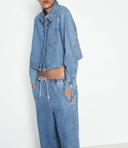 Women Crop Denim Jacket Shacket Long Sleeve Jean Shirt Lapel Collar Denim Shirt Blouse3