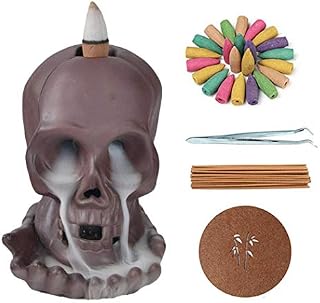 Skull Backflow Incense Burner Ceramic Waterfall Incense Holder LED Light with 20 Upgraded Incense Cones 30 Incense Sticks for Aromatherapy Yoga Meditation Home Decor