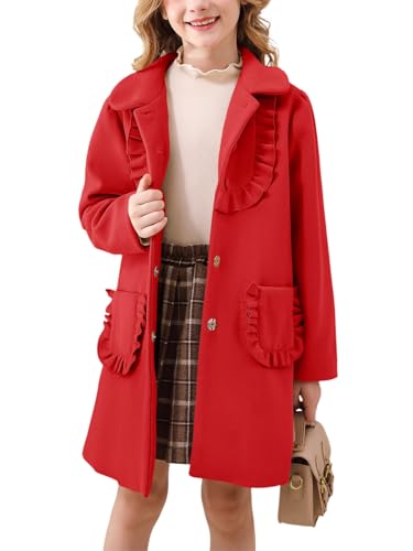 Haloumoning Girls Ruffle Dress Coats Winter Lapel Single Breasted Jackets Outerwear with Pockets 5-14 Years