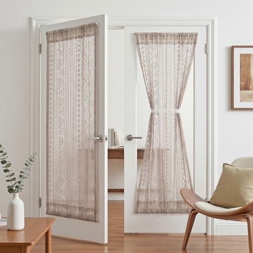 Image of MYSKY HOME Lace French Door Curtains 72 inch Long 2 Panels Boho Sheer Floral Curtains for Door Window Scalloped Doorway Sidelight Curtains Come with 2 Matching Tie-Backs, 26 inch Wide Each Panel, Brown