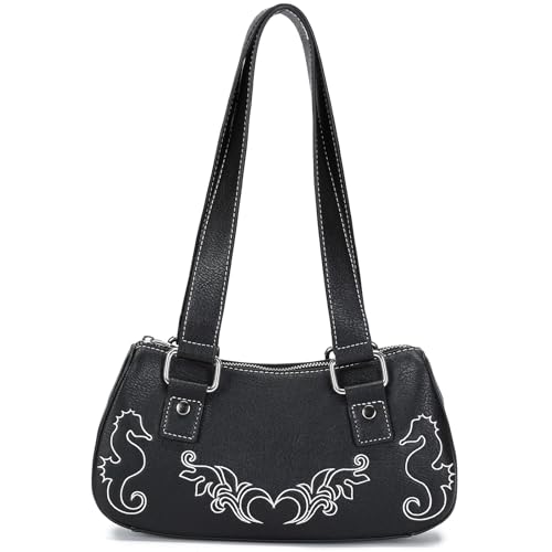 Y2K Small Shoulder Purses for Women Goth Punk Bag with Seahorse Embroidery