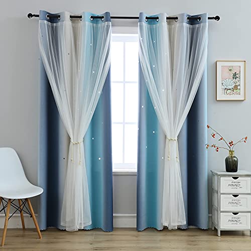 Anytime Blackout Star Kids Curtains for Girls Bedroom Living Roomï¼ŒRainbow Stripe Double Layer Gradient Window Curtains (Blue,2 Panels Set,W52 x L63inch)